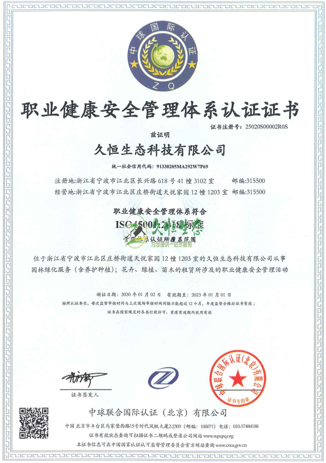 绍兴上虞职业健康安全管理体系ISO45001证书